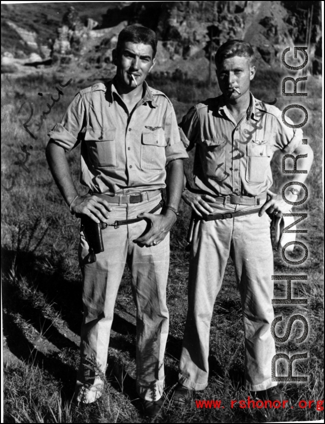Capt. Penick and Lt. Fraker stand at an American base (either Guilin or Liuzhou) in Guangxi province, China, during WWII.