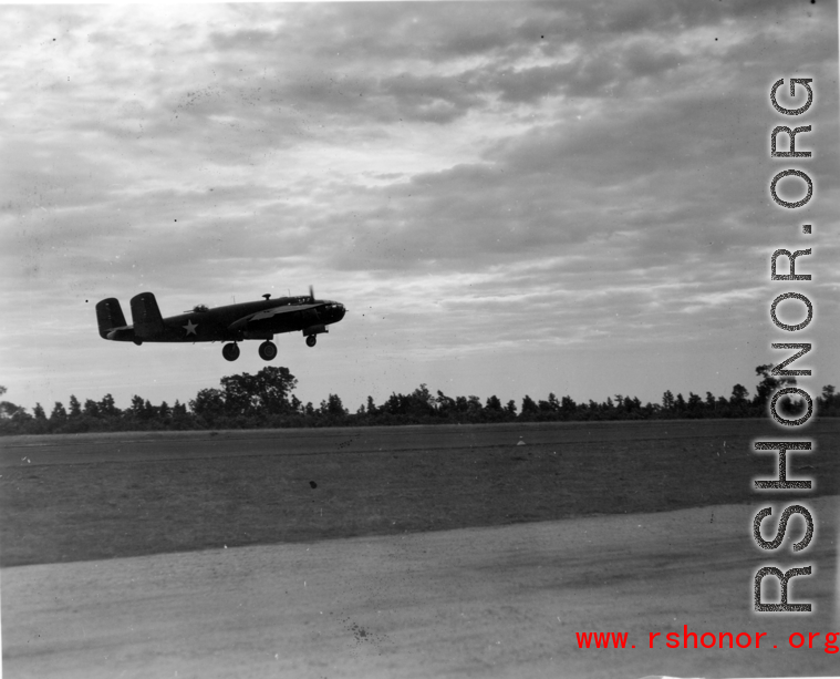 B-25 Mitchell bombers take off from an airstrip, possibly Yangkai (Yangjie) air strip in Yunnan province, China.