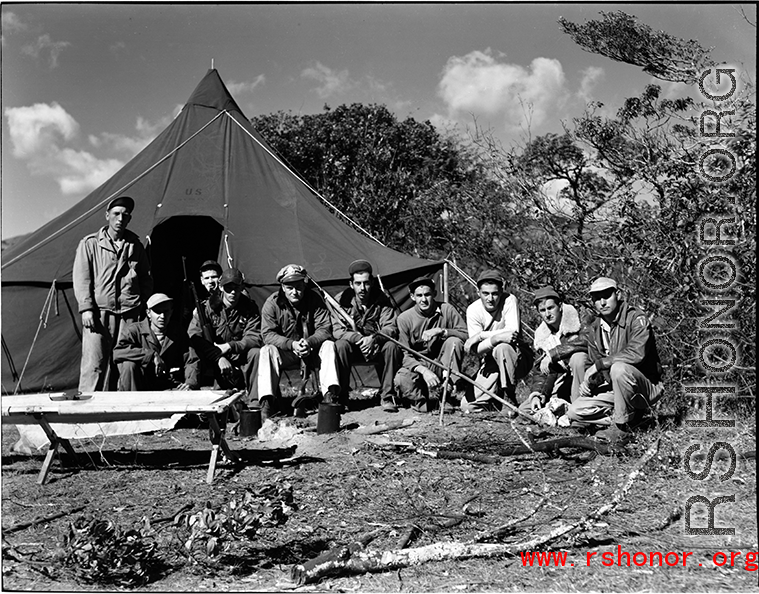A campout with a number of US servicemen at Qingshuihai lake (清水海) in the countryside north of Yangkai (Yangjie) airbase in Yunnan province during WWII.  