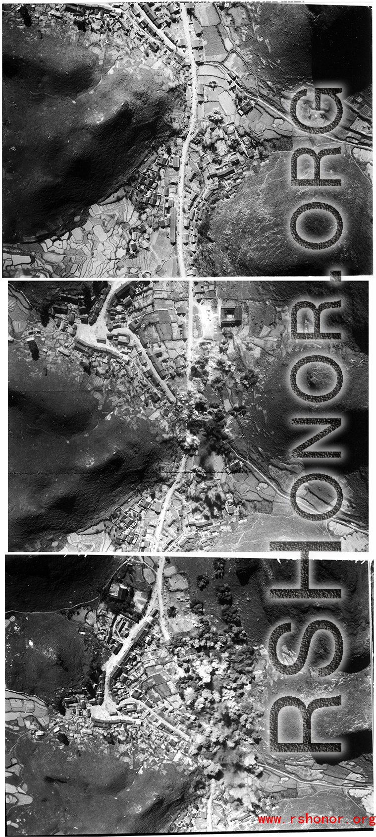 In these three images, we see a small town in Guangxi Province, SW China, being bombed by American B-25 bombers. In the succession of images we see the progress of the bombing.   In the first image, just as the first bombs hit, one can see a few trucks of a Japanese convoy sparsely about the town, and a few people milling or running around (see blown up image below). Most likely these are exclusively Japanese soldiers, as usually Chinese civilians would flee towns in front of the Japanese whenever they coul