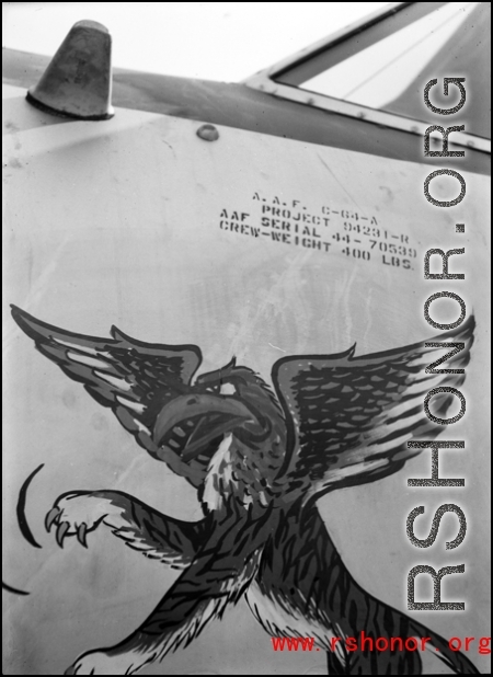 A closeup of nose art on a C-64 in the CBI. Serial #44-70539.  From the collection of David Firman, 61st Air Service Group.