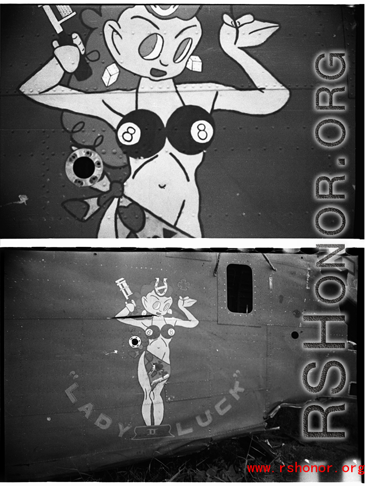Nose art of a crashed B-24 bomber, "Lady Luck II." In China during WWII.