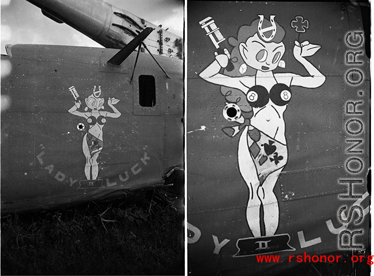 An image from the Roubinek Collection, showing the nose art of a crashed B-24 bomber, "Lady Luck II."