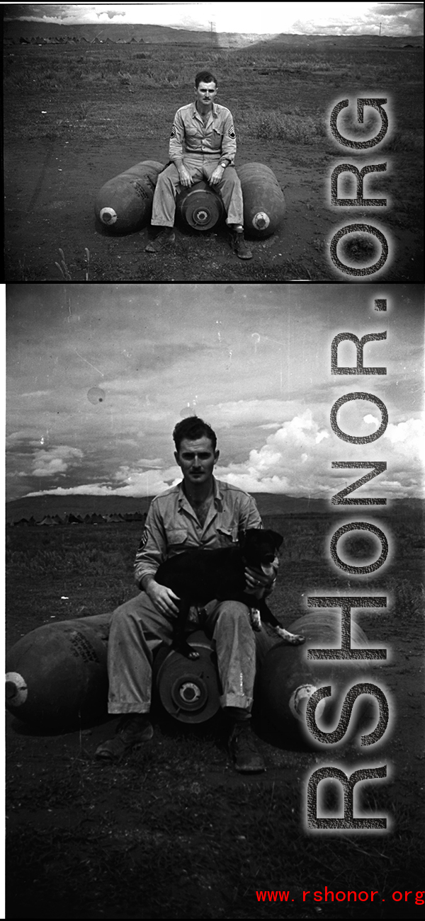 The photographer and collector (name unknown) of this collection, with some large bombs and a dog, most likely around the Luliang air base area. A tent camp is in the far background.