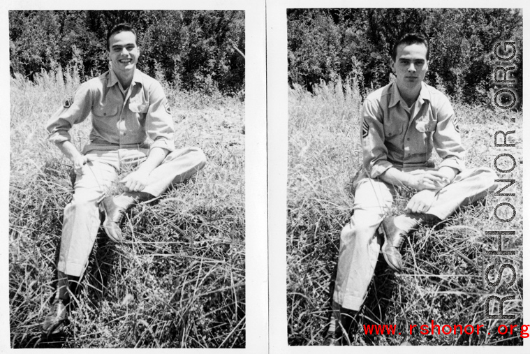 A GI poses sitting on the ground at an American air base in WWII in Yunnan province, China, most likely around the Luliang air base area.