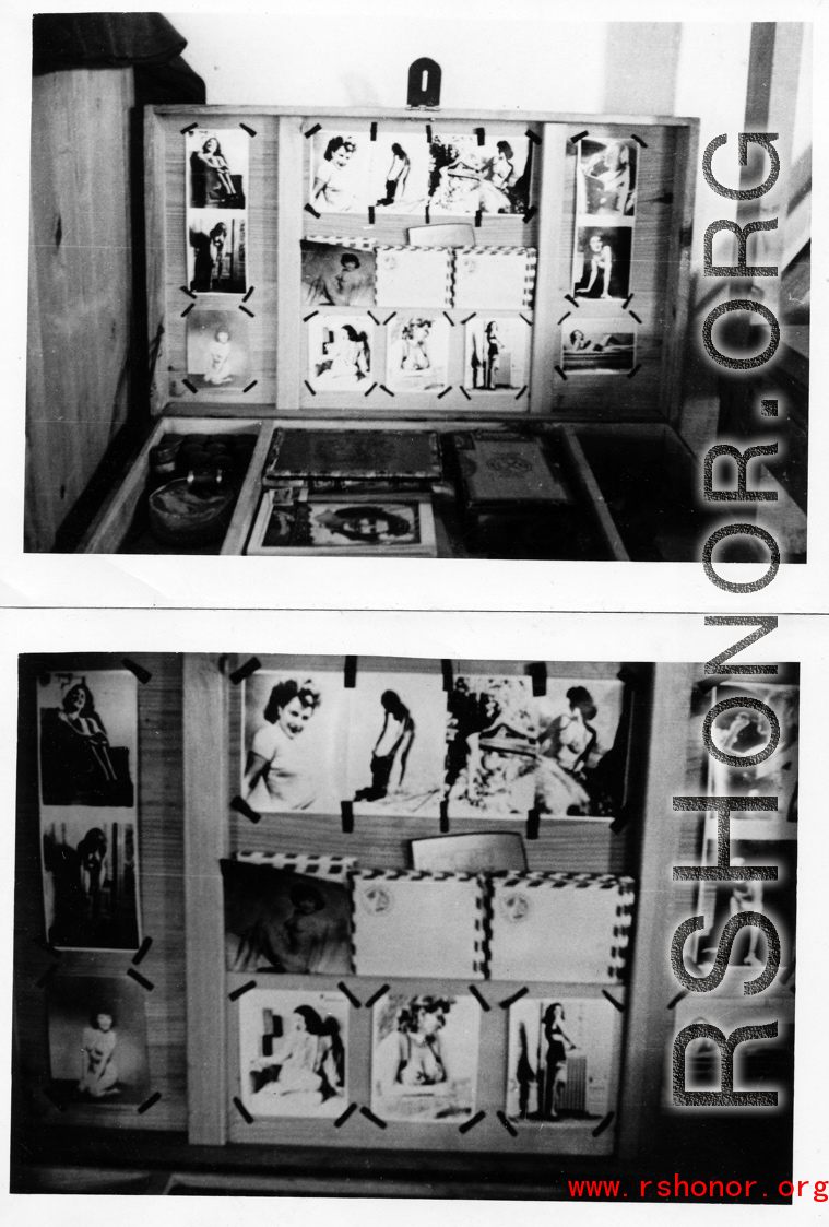 A travel box with letters and pin-up girl pictures in the barracks on an American base in Yunnan, China, during WWII.