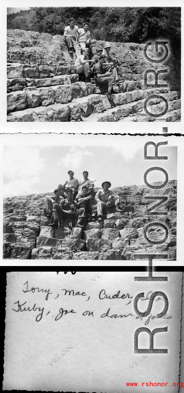"Tony, Mac, Crider, Elles, Kirby, Joe, on dam at falls."  A dam and and falls about 8 miles southeast of the Luliang air base area in Yunnan province, China, where the GIs went to swim and relax. During WWII.