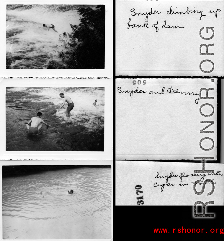 A dam and and falls about 8 miles southeast of the Luliang air base area in Yunnan province, China, where the GIs went to swim and relax. During WWII. Snyder and Kenny.