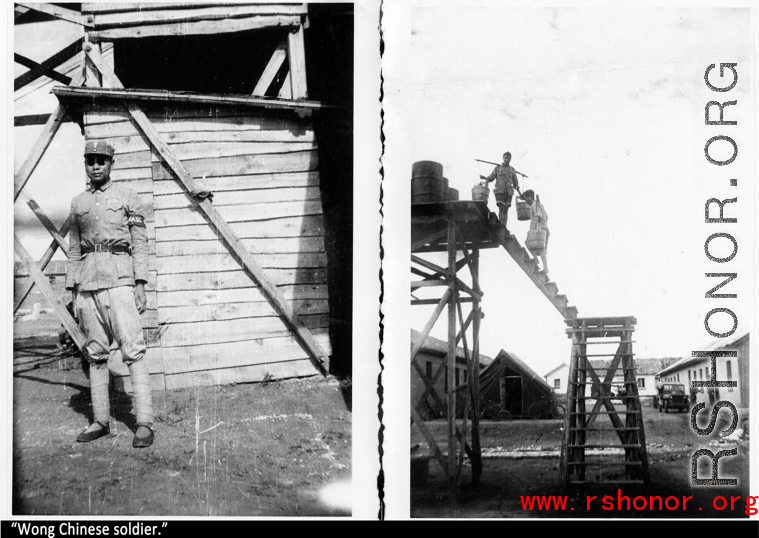 Workers fill water tank at am American base in Yunnan, China, during WWII.  And "Wong, Chinese soldier" at the base of water tower.
