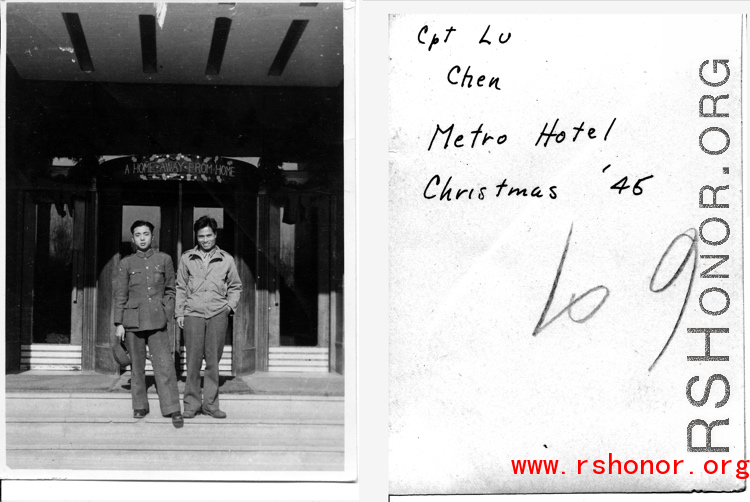 Capt. Lu, and Chen, at the Metro Hotel in the city of Nanjing (Nanking) in China during WWII, Christmas 1946.