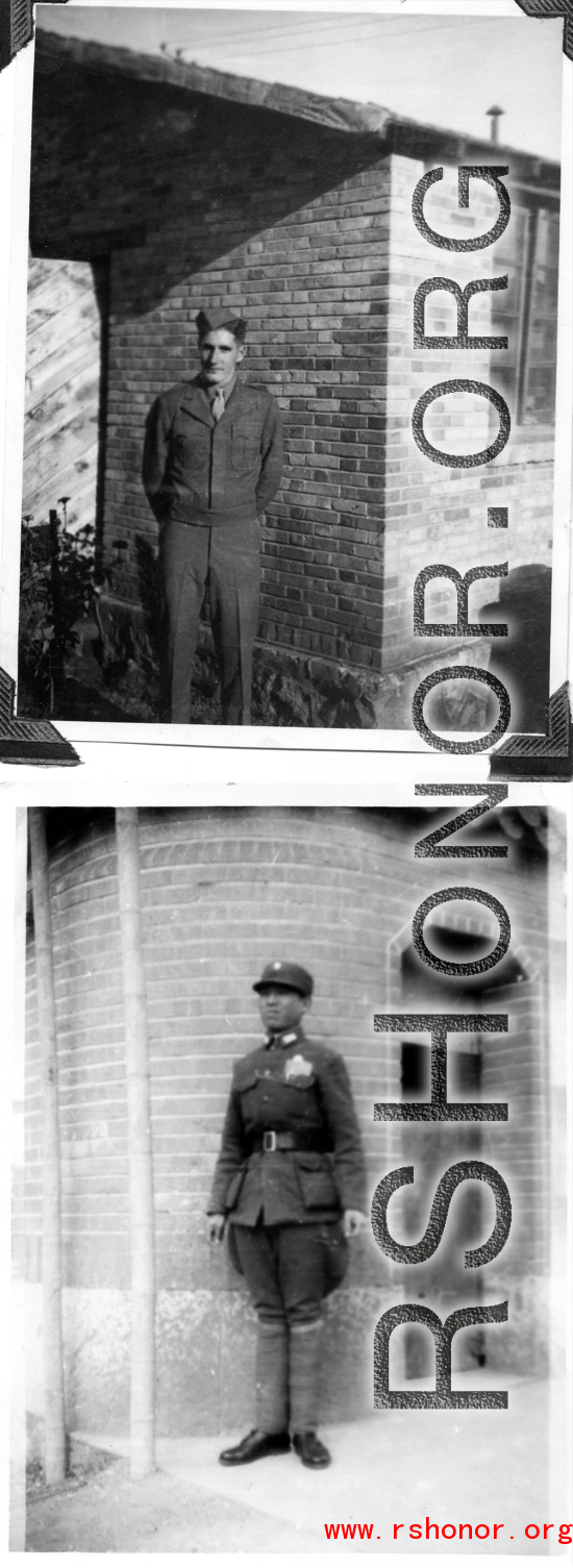 American standing at gate; Chinese guard standing at gate. During WWII.