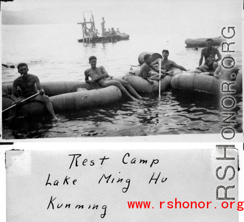 GIs ride rafts as Camp Schiel rest camp in China during WWII.