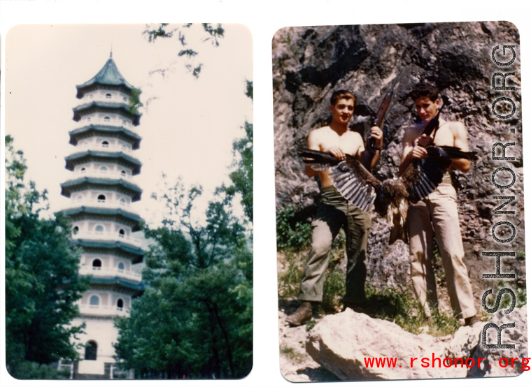 Pagoda at Purple Mt. Park, Nanjing, China, late 1945; Men holding carbines after the hunt.