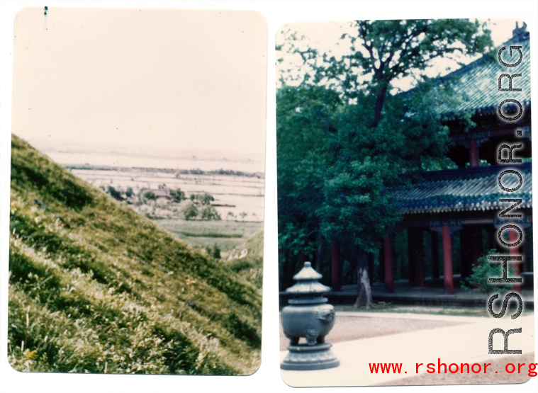 A watery countryside, and a temple (with incense burner in the courtyard), in China during WWII.