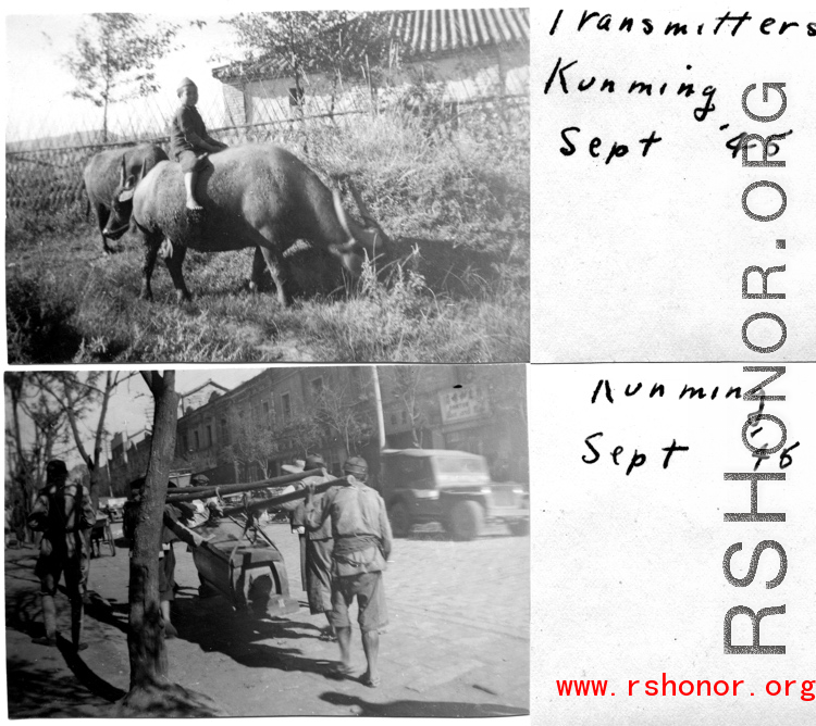 Daily life around Kunming in China during WWII, including a kid riding a buffalo, and coffin being carried on the street.