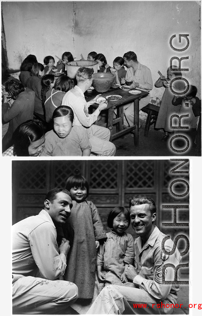 Chaplain Mengel lead his men to participate in outreach to the wartorn and impoverished Chinese countryside. These photos from Chaplain Mengel's private collection, show him with General Chennault, giving out donations from the US airmen.