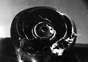 Close-up of the damage to engine.