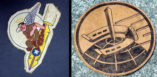 The "Bomb Jockey" patch(left) initially used for the 491st Bombardment Squadron from September, 1942 until about January, 1944, and the "Ringers" patch (right) used later, when Francis Strotman flew.