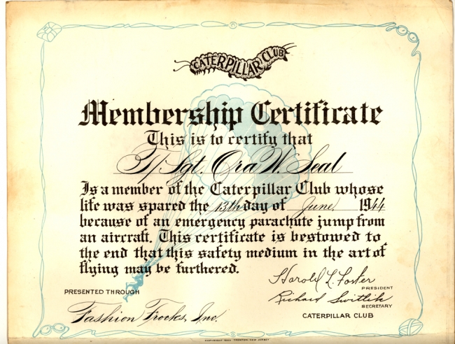 Caterpillar Club certification for Ora Seal from WWII.