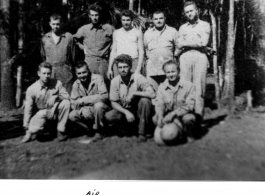 Members of air warning station K.C.8.   Rear: R. Adams, Craig, Shaffer, Potts, and Thrailkill.   Front: Phillips, Bubrick, Griffith, and Kuntz. Photo by Jim Fletcher.  In the CBI during WWII.