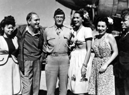 Chennault poses with USO Troupe at Kunming China, on October 26, 1944. Left to right: Ruth Carrol, Pat O'Brien, Chennault, Jinx Falkenburg, Betty Yeaton, and Jimmy Dodd. Photo by 16th Combat Camera Unit.