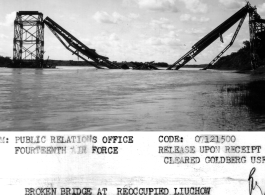 Demolished bridge over the Liujiang river (柳江) at Liuzhou, Guangxi province, in the CBI, destroyed by Chinese troops are they retreated before the Japanese Ichigo Campaign in 1944
