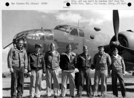 A crew of the 11th Bomb Squadron, 341st Bomb Group, stands beside a B-25 somewhere in China on 2 February 1943.  They are:   Capt. Robert. V. Ford Lt. Franklin. F. Young Lt. Glee. C. Smyth T/Sgt. Claire. L. Pattengale S/Sgt. S. J. MacLaughlin Capt. Melvin. R. Wilcox