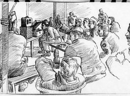 Hand-drawn sketch of men of the 51st Fighter Group HQS. SQ. at Kanjikuah T.E., Assam, listening to records, during WWII.