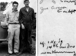 Jack Timmons and Joe Crocco pose before jeep in the CBI, near Kunming in October 1944, during WWII.