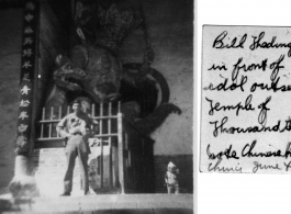 Bill Thedinga at Buddhist temple with Chinese toddler, near Kunming. June 1944.