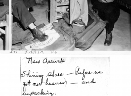 Flight nurses Lt. L. Evelyn Hill Page, and Lt.  R. Joan Reece, of the 803rd Medical Air Evacuation Transport Squadron, unpack after arrival in Assam, India, February, 1945.  In the CBI during WWII.