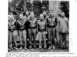 Jimmy Doolittle's Tokyo bombing crew--Maj. Gen. James Doolittle, his crew, and Chinese friends pictured in China after the airmen bailed out following the raid on Japan on April 18, 1942. Left to right:  S/Sgt. F. A Braemer Choo Too Ki General Doolittle 1st. Lt. H. A. Potter S/Sgt. P. J. Leonard 1st Lt. R. E. Cole Henry H. Shent Ho Yang Ling