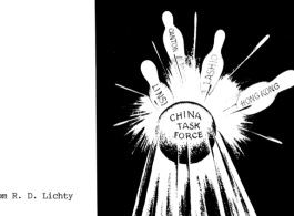 "China Task Force" Cartoon--The China Task Force smashing Linsi, Canton, Lashio, and Hong Kong. During WWII.  From R. D. Lichty.