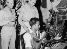 The original CBI Roundup linotype being used to set type for the next issue in Calcutta in 1944. Sgt. Mike Valenti and Charlie Clark resist the urge to kibitz.