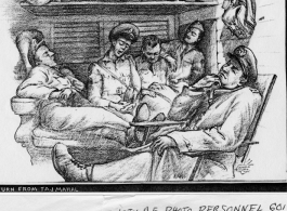 GI sketch of 10th Air Force Photo Personnel on train coming back from  the Taj at Agra. During WWII.