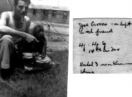 Joe Grocco with pet monkey. At Hostel #3 near Kunming, China, during WWII.