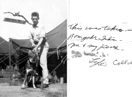 GI restrains his war dog in Ramgarh, India, during WWII. The sign behind him seems to say, "War Dog Detachment Camp."  Photo from Lyle Collver.