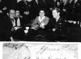 Appreciative American officers keep two ladies company (including Dorothy Yuen at center) at Hostel #10 Officer's Club, Kunming, 1945.