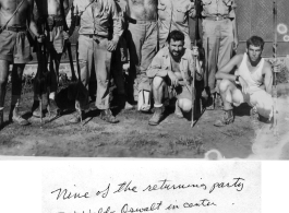 A well-worn looking "returning party" in the CBI during WWII, with Sgt. Waldo Oswalt in the center.  Photo from Pvt. Garrett Cope (10th Air Force Photographer).