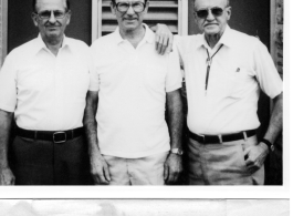 Reunion of  32nd Portable Surgical Hospital, in August, 1986, and remake of a war time photo. Left to right: Riley G. Malcom, Claude M. Fannin, John F. Holman.