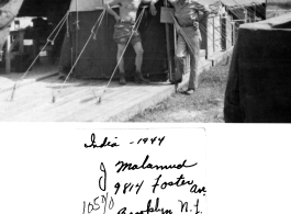 J. Malamud and Ed Palilon in front of raised tents in India during WWII.  Photo from Ed Palilon.