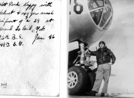 Hot Rock Kappy with helmet and oxygen mask in front of a B-29 at Grand Island, Nebraska, January 1946. 716th B.S., 449th B.G.