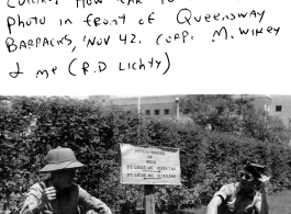 GIs M. Wikey and R. D. Lichty in front of Queensway Barracks in November, 1942.