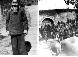 An elderly Chinese man; Very young Chinese troops marching out from city wall. During WWII.  Photos from Joseph W. Haines.