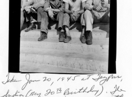 "Taken January 20, 1945 at Tezpur, India (my 20th Birthday). The guys in the picture were with an Army Engine Unit to whom we delivered two LCRs (Landing Craft-River) following a 32-day trip up river from Calcutta. I don't know any names. Help!  Tom Davis"