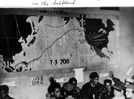 A daily map of progress back home by ship after the war of CBI veterans, crossing the Pacific, drawn on ship's bulkhead.