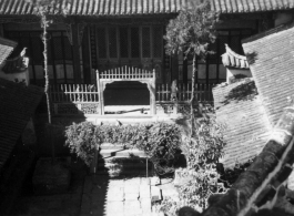School courtyard from 3rd floor of pagoda. Spring 1945 on hike with Fred Nash near Yangkai, China.  From the collection of Frank Bates.