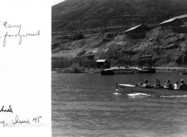 A boat with lucky visitors on the lake at Camp Schiel, China, 1945.