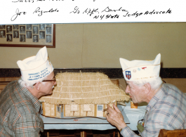 CBI veterans and a model of a basha at the CBIVA New  York Convention, March 1983: On the left is Jules Kotarski, and right is Joe Reynolds.