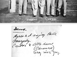 "Ayers & I saying Hello. Murphy. Contos and Otto Luw (Chinese) very nice guy." June 1944. WWII.
